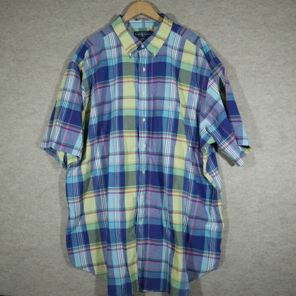 Ralph Lauren Shirt Mens 3XLT Blue Plaid Classic Fit Short Sleeve Cotton Preppy